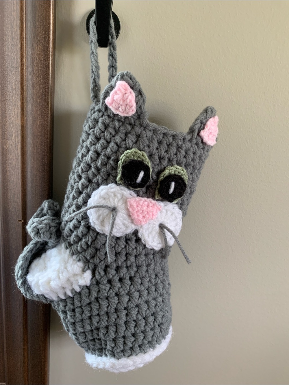 Handmade Gray & Pink Crochet Cat Stocking